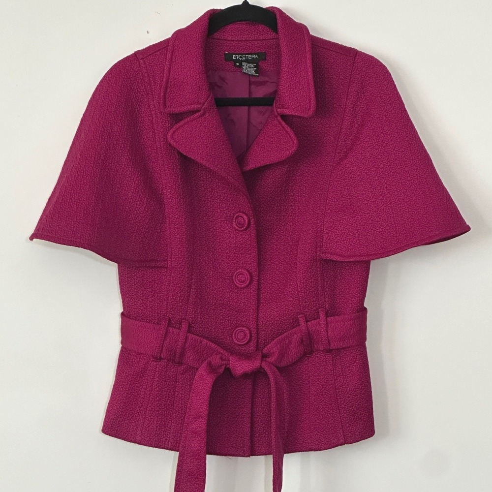 Etcetera Womens Jacket 8 Magenta Pink Belted Cape Peplum Modern Chic Statement